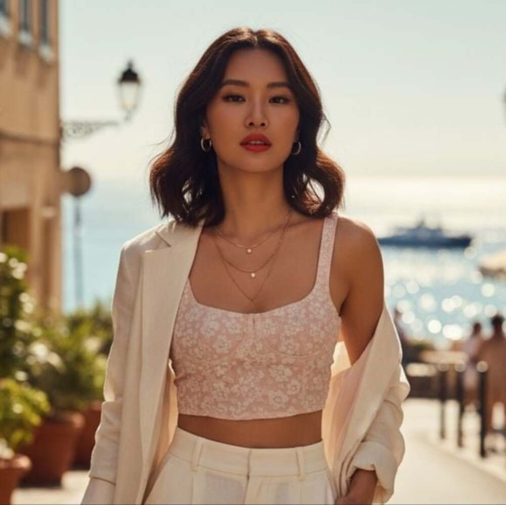 Peach and White Floral Front Corset Crop Top